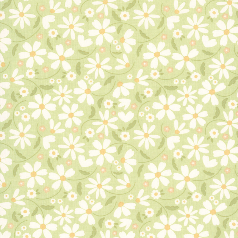 This spring green fabric features tossed white daisies. 