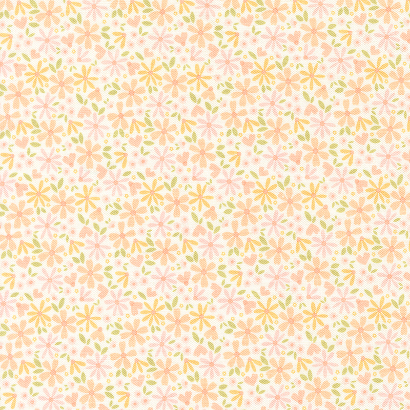 This white fabric features packed peach and pink daisies. 