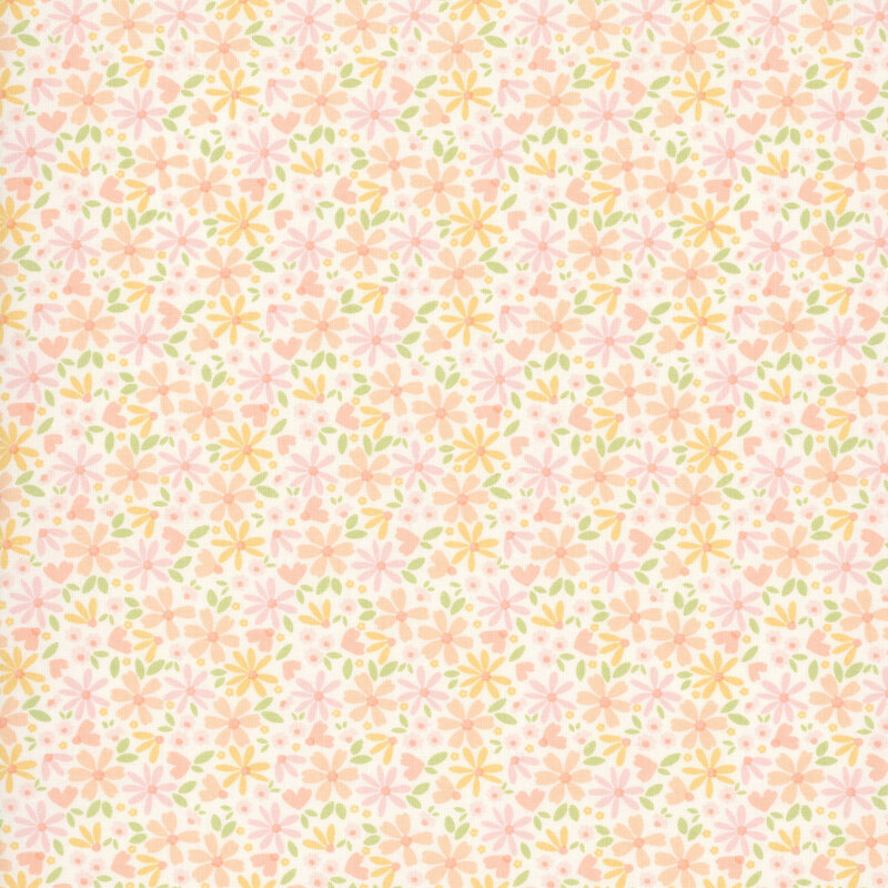 This white fabric features packed peach and pink daisies. 