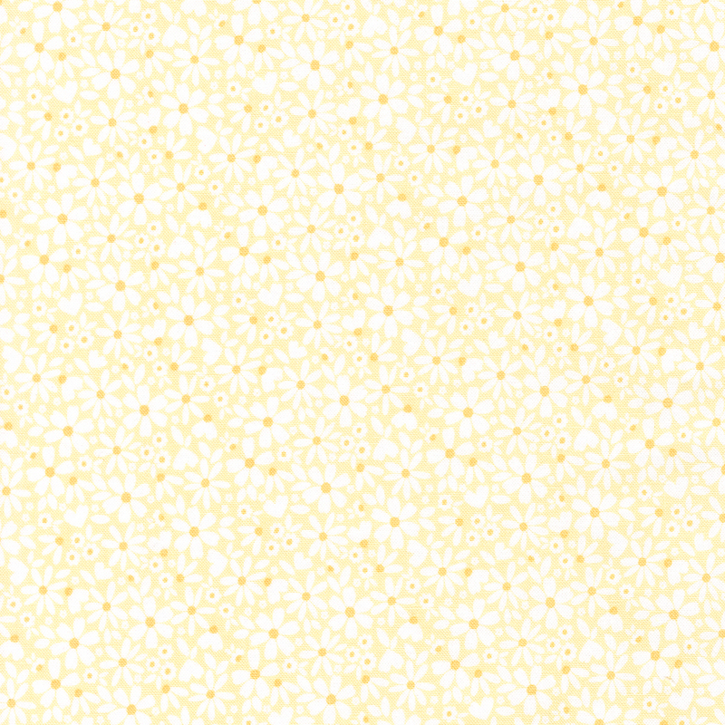 This cornsilk yellow fabric features packed white daisies. 