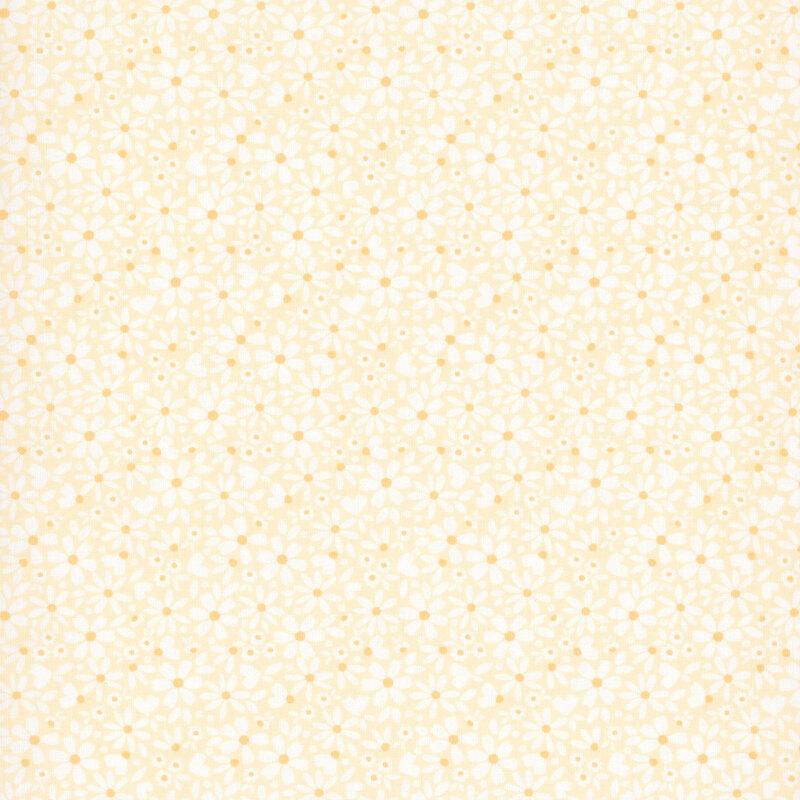 This cornsilk yellow fabric features packed white daisies. 