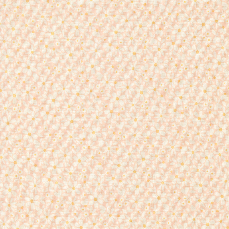 This soft pink fabric features packed white daisies. 