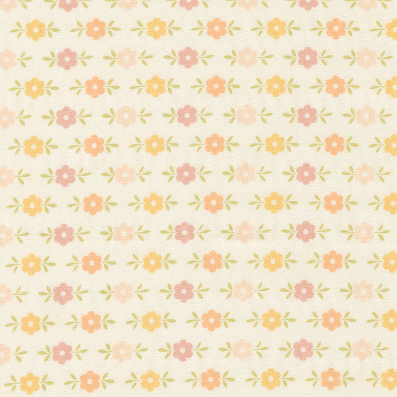 This white fabric features pastel pink, golden yellow, and light coral floral motifs. 