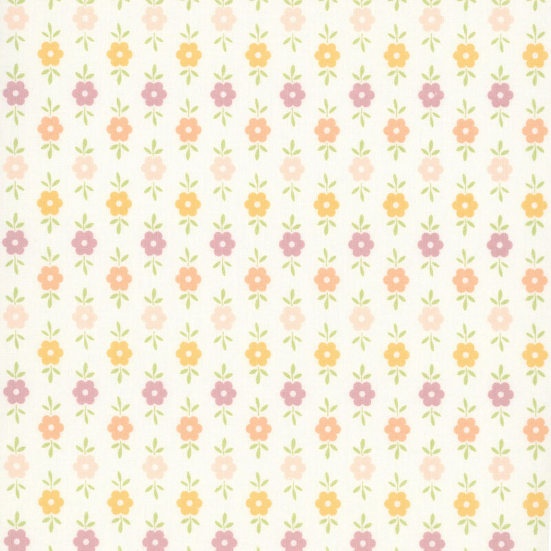 This white fabric features purple, pastel pink, golden yellow, and light coral floral motifs. 
