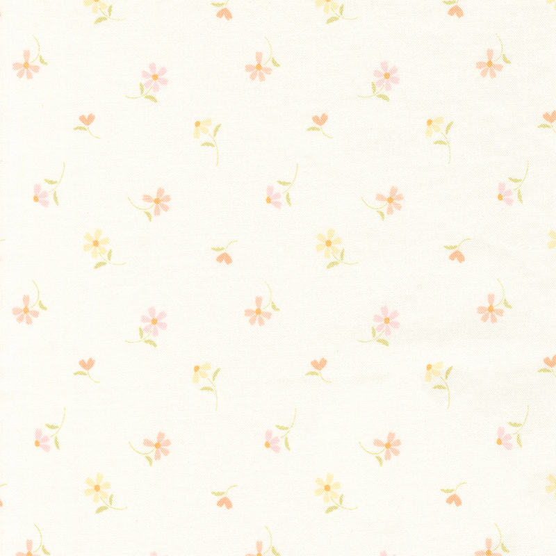 This white fabric features tossed peach, cornsilk yellow and soft pink daisies. 