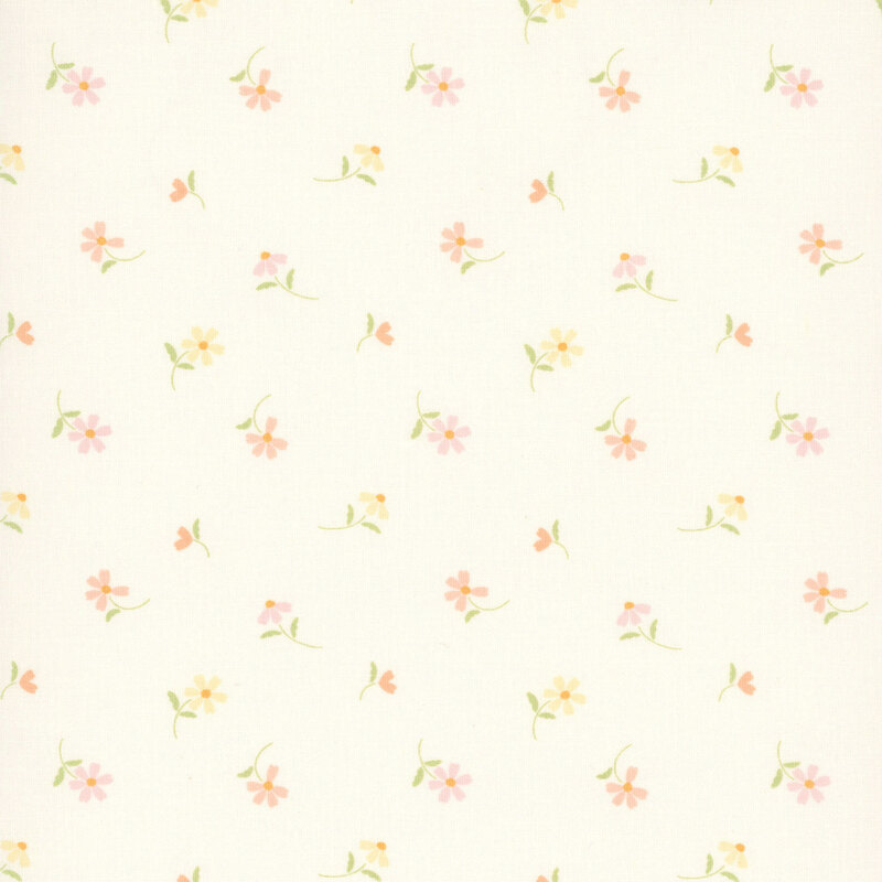 This white fabric features tossed peach, cornsilk yellow and soft pink daisies. 