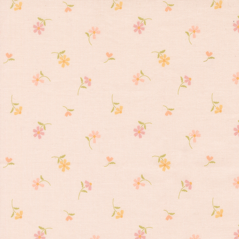 This soft pink fabric features tossed peach and pink daisies. 