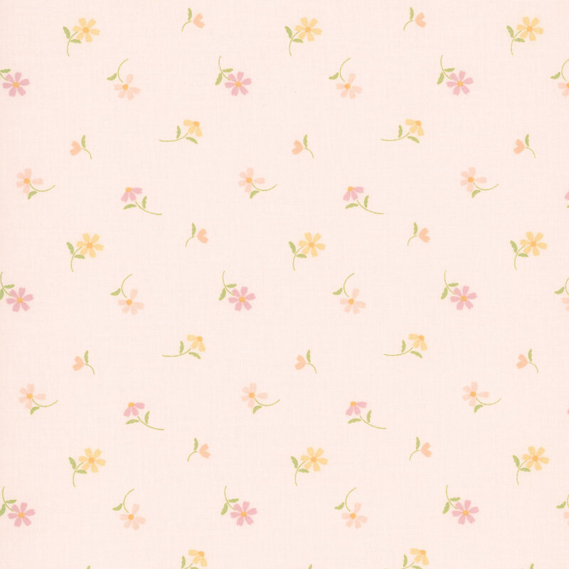This soft pink fabric features tossed peach and pink daisies. 