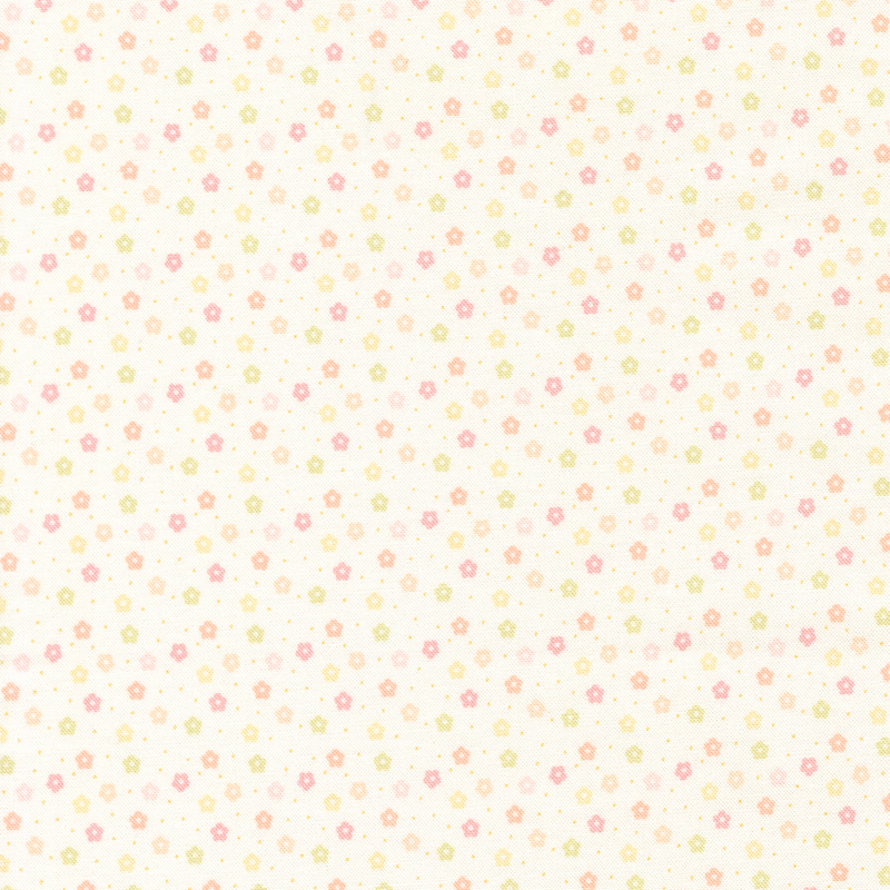This white ditsy fabric features soft pink, peach, cornsilk yellow, and spring green florals. 