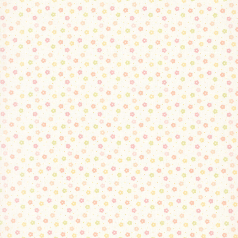 This white ditsy fabric features soft pink, peach, cornsilk yellow, and spring green florals. 