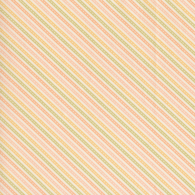 This white fabric is accented with soft pink, peach, spring green, and light coral stripes.