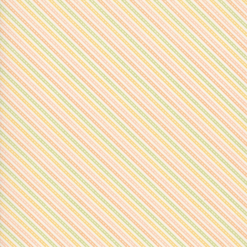 This white fabric is accented with soft pink, peach, spring green, and light coral diagonal stripes.
