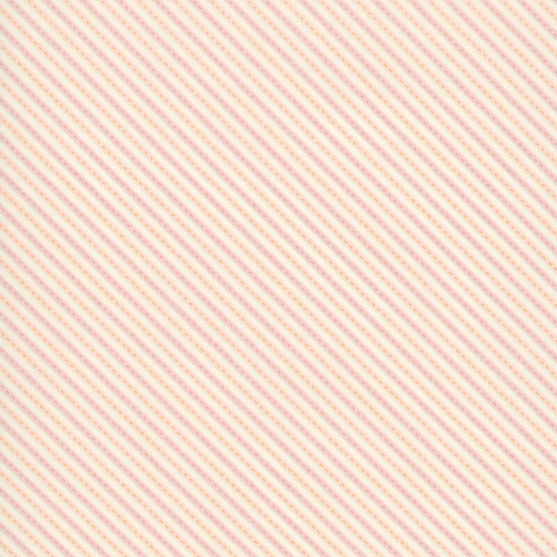 This white fabric is accented with soft pink and peach diagonal stripes.