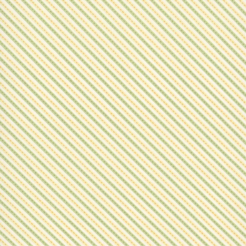 This white fabric is accented with spring green and cornsilk yellow diagonal stripes.