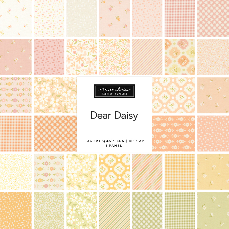 A fabric collage of pastel daisy fabrics from the Dear Daisy collection by Moda. 