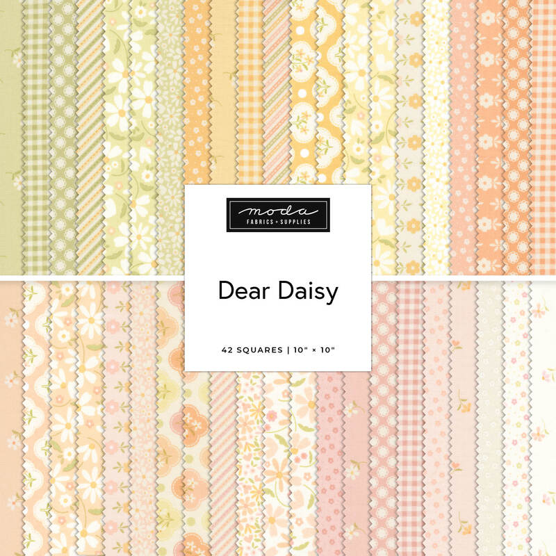 A fabric collage of pastel daisy fabrics from the Dear Daisy collection by Moda. 