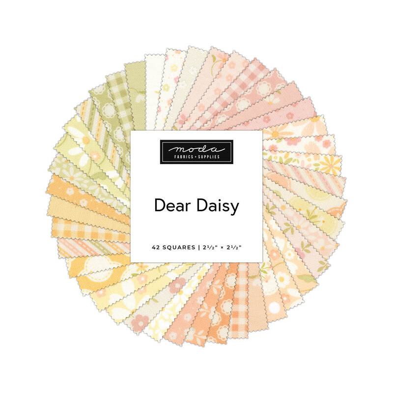 A spiral fabric collage of pastel daisy fabrics from the Dear Daisy collection by Moda. 