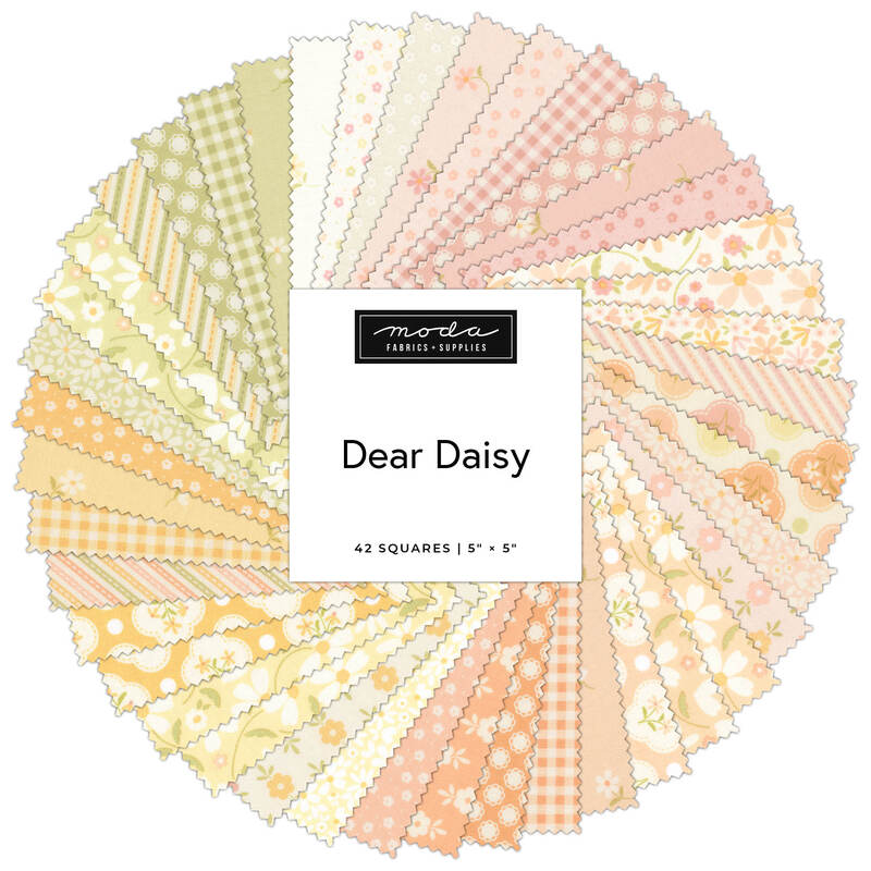 A spiral fabric collage of pastel daisy fabrics from the Dear Daisy collection by Moda. 