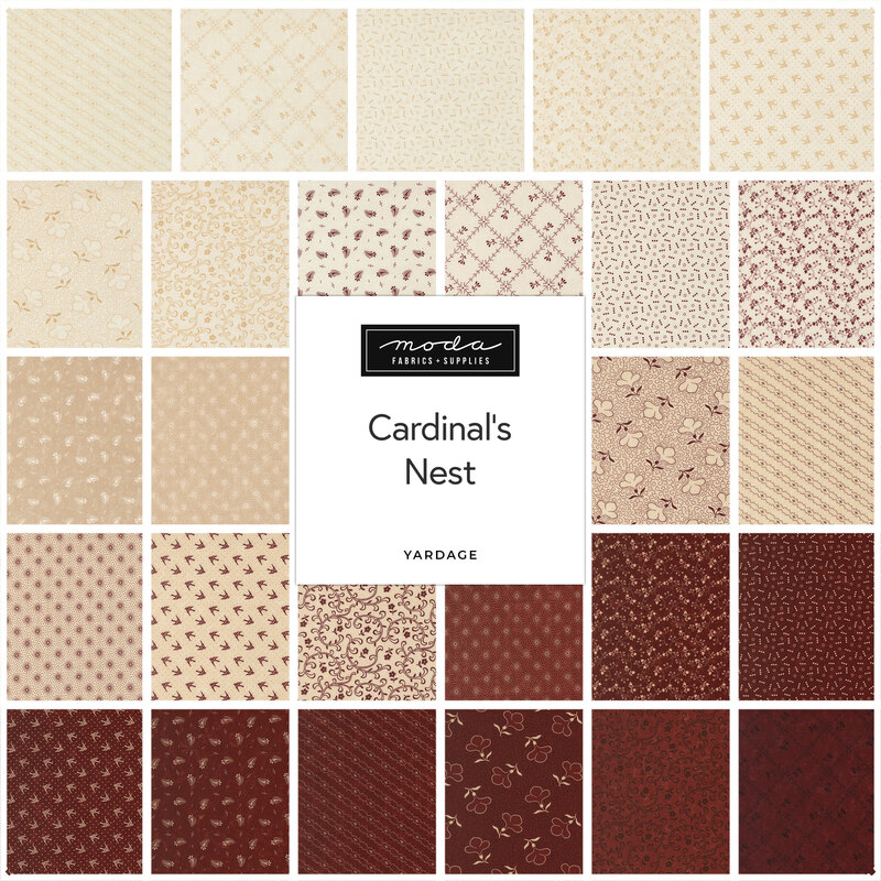 Digital collage of the available yardage fabrics from the Cardinal's Nest fabric collections.