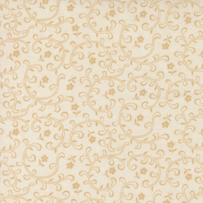 Cream fabric with tossed tan florals and stylized leaves and vines.