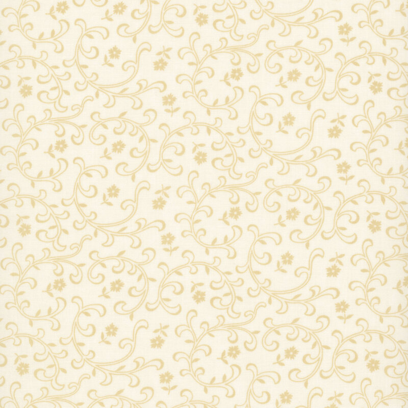 Cream fabric with tossed tan florals and stylized leaves and vines.