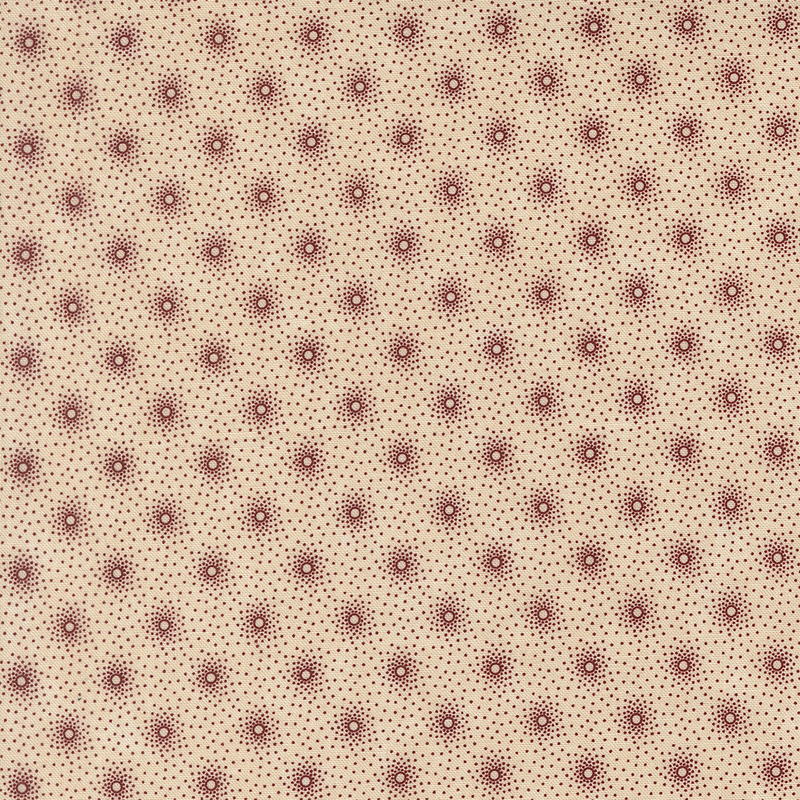 Tan fabric with staggered grid of small, concentrated red dot clusters.