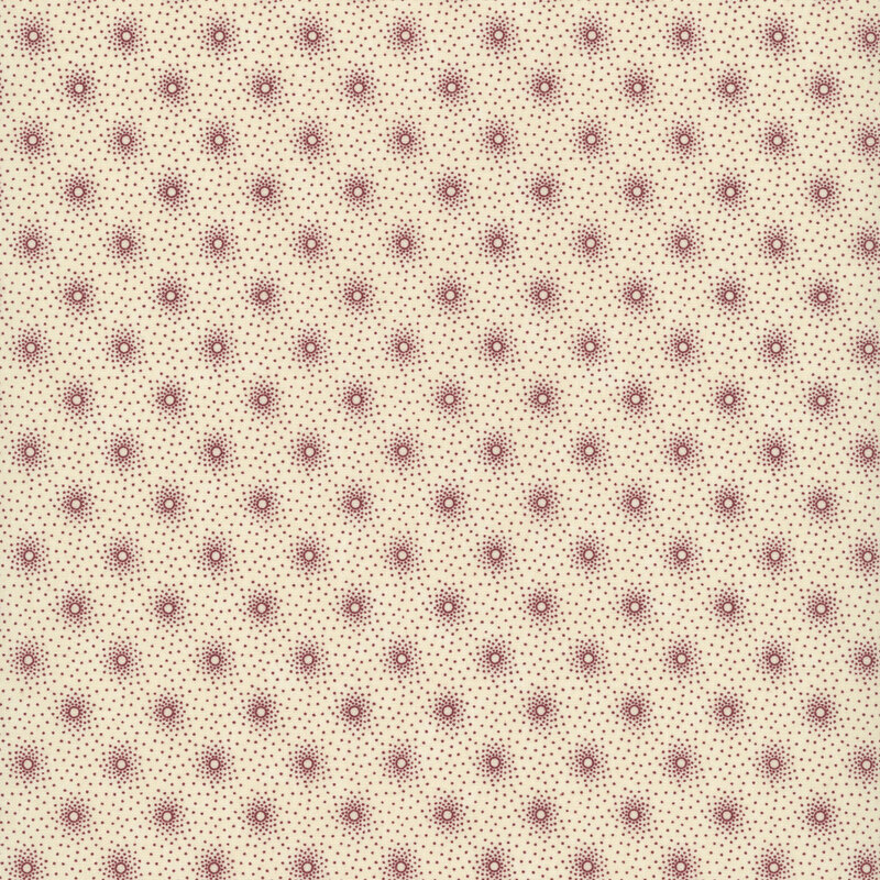 Tan fabric with staggered grid of small, concentrated red dot clusters.