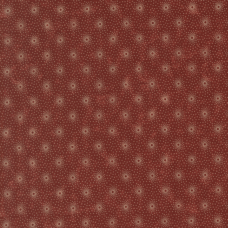 Red fabric with staggered grid of small, concentrated tan dot clusters.