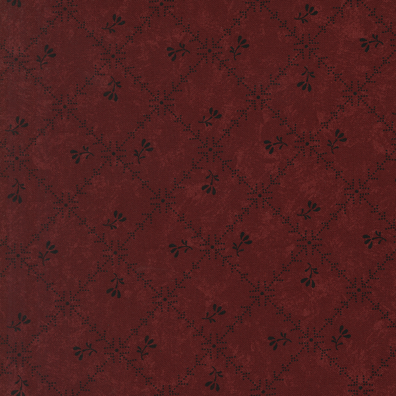 Red fabric with a biased grid of black lines and arrows littered with black florals.