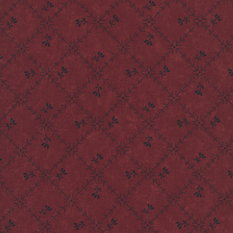 Red fabric with a biased grid of black lines and arrows littered with black florals.