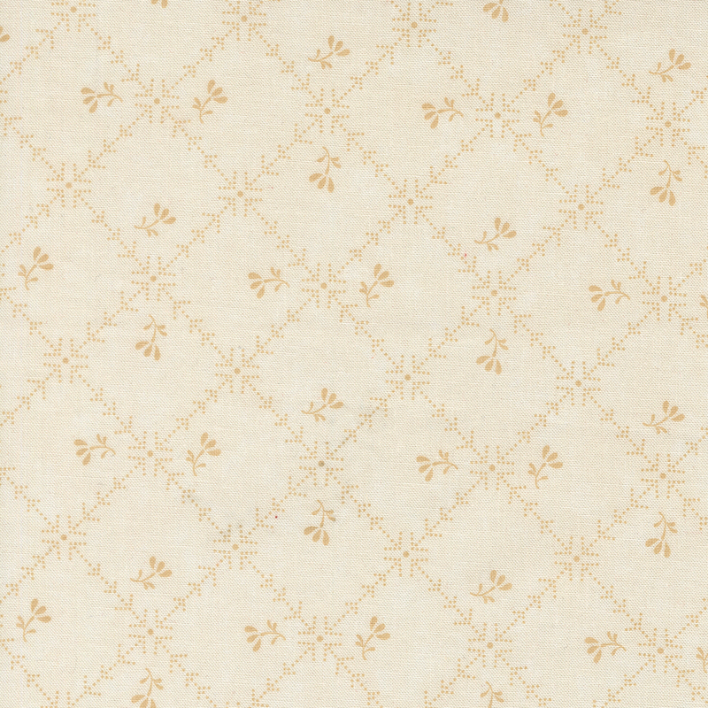 Tan fabric with a biased grid of tonal, tan lines and arrows littered with tonal florals.