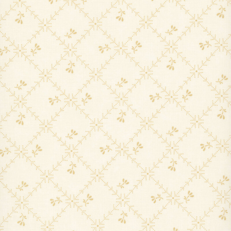Tan fabric with a biased grid of tonal, tan lines and arrows littered with tonal florals.