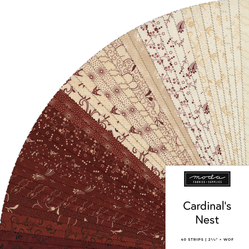 Digital collage of the 2.5" Strip Roll Bundle from the Cardinal's Nest fabric collection.