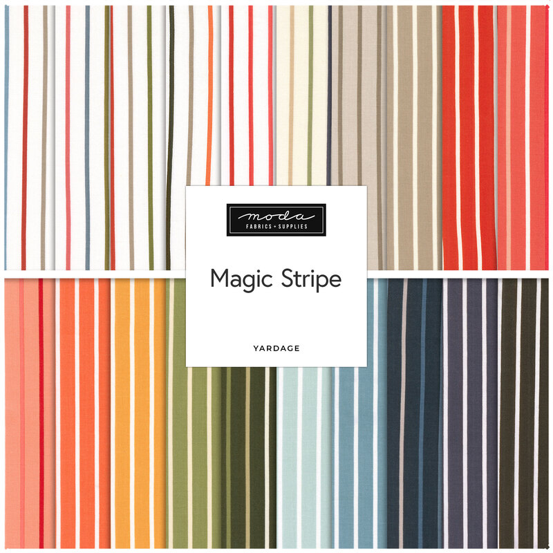Digital collage of the available yardage fabrics from the Magic Stripe fabric collection.