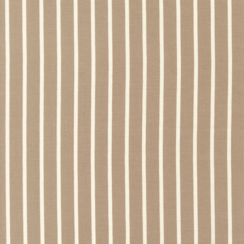 Mushroom brown fabric with small ivory stripes.