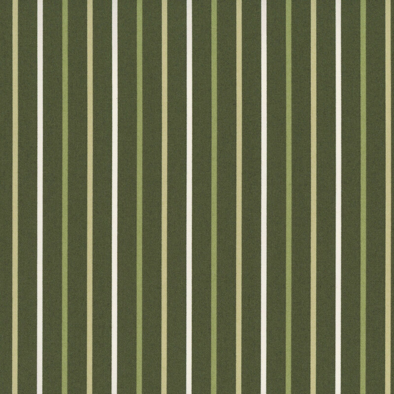 Forest green fabric with small white, olive, and sage stripes.