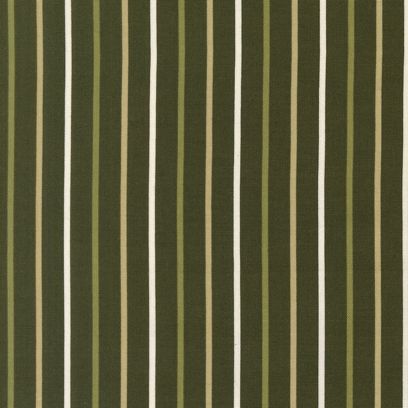 Forest green fabric with small white, olive, and sage stripes.