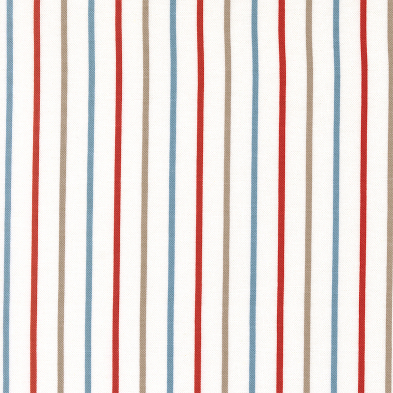 White fabric with small red, palomino, and blue stripes.