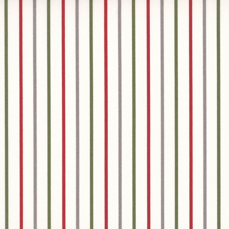 White fabric with small red, green, and palomino stripes.