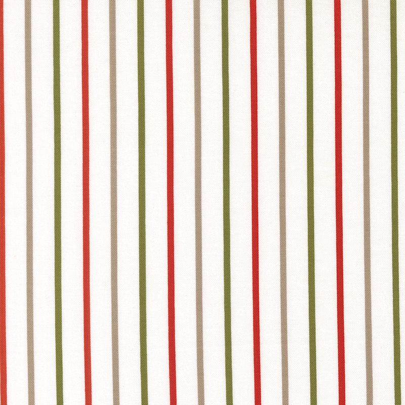 White fabric with small red, green, and palomino stripes.
