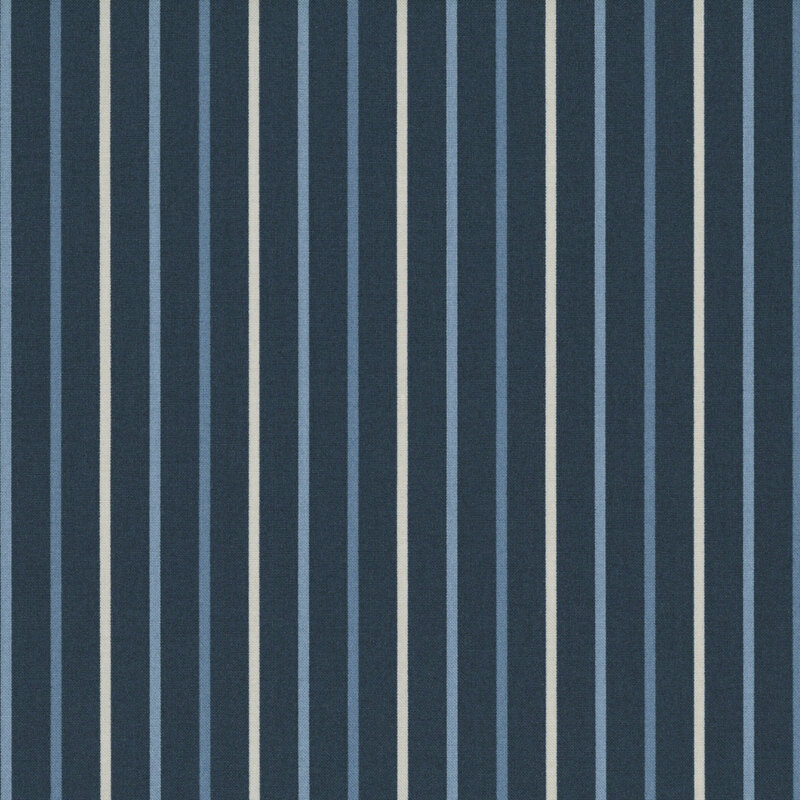 Deep midnight blue fabric with small lagoon blue, ice blue, and tan stripes.