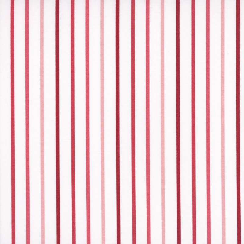 white fabric with small red, salmon pink, and pink stripes.