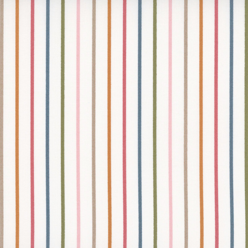 White fabric with small multicolor stripes.