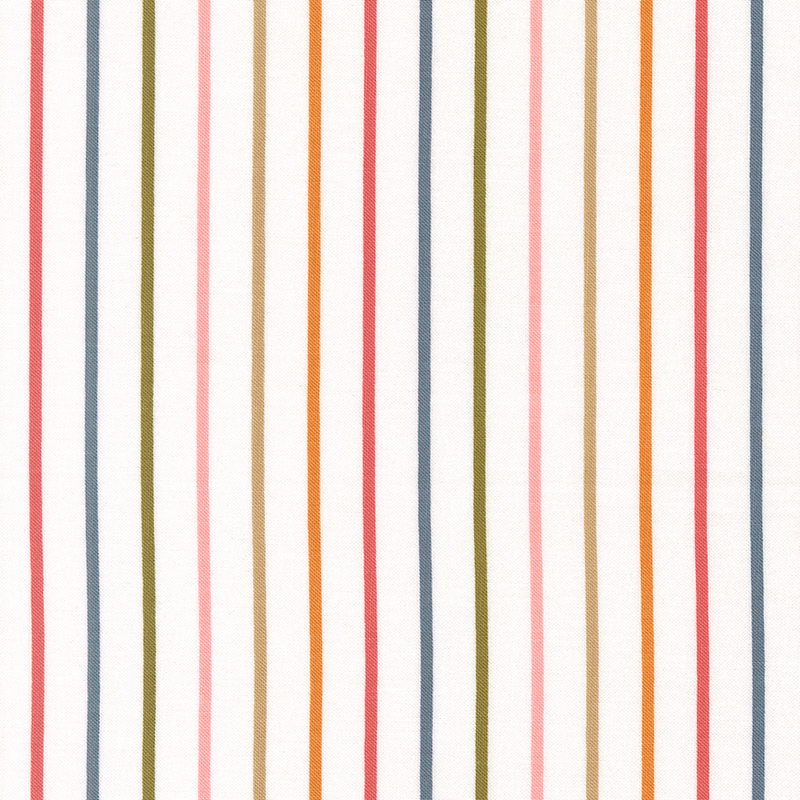 White fabric with small multicolor stripes.