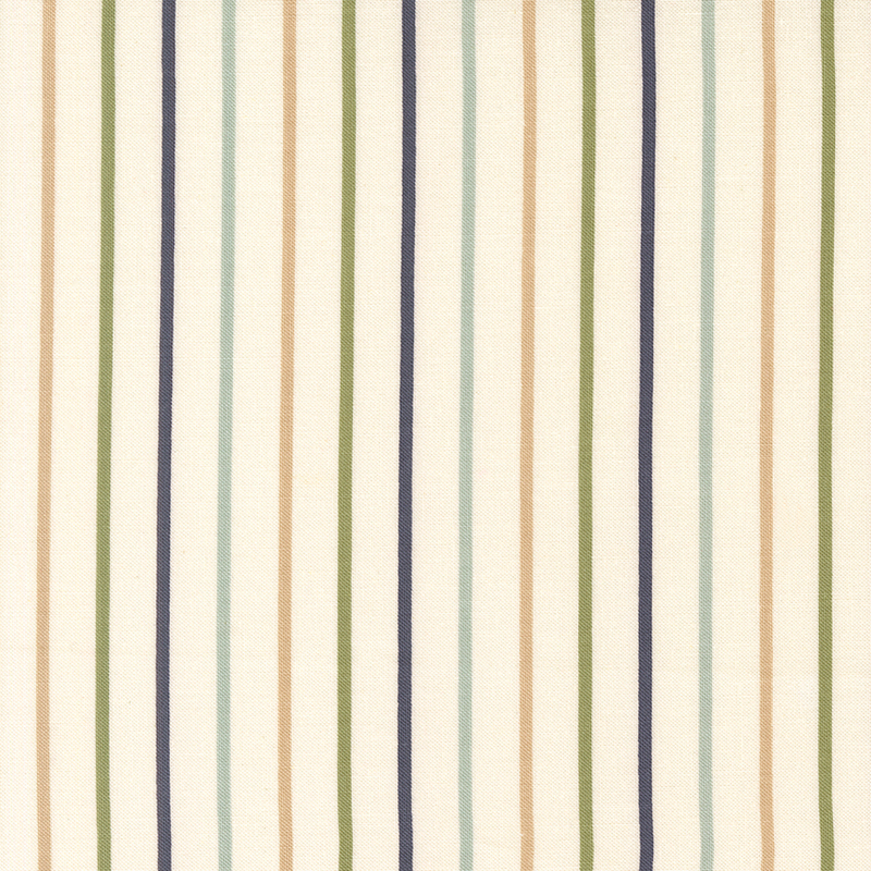 Cream fabric with small multicolor stripes.