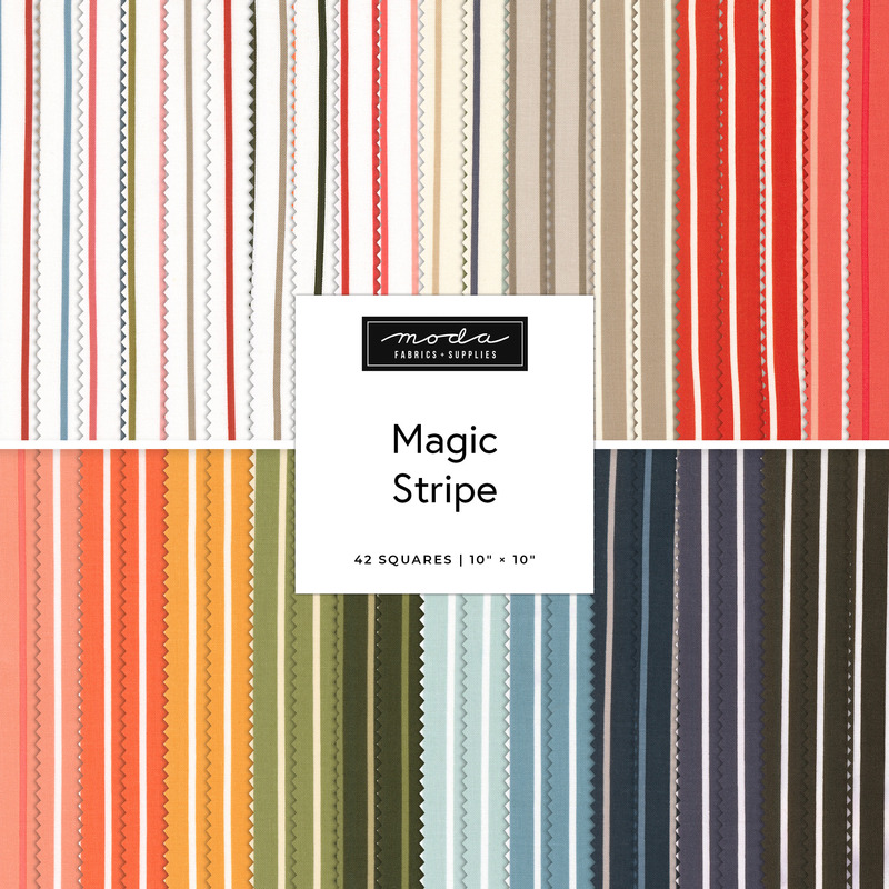 Digital collage of the Layer Cake Bundle from the Magic Stripe fabric collection.