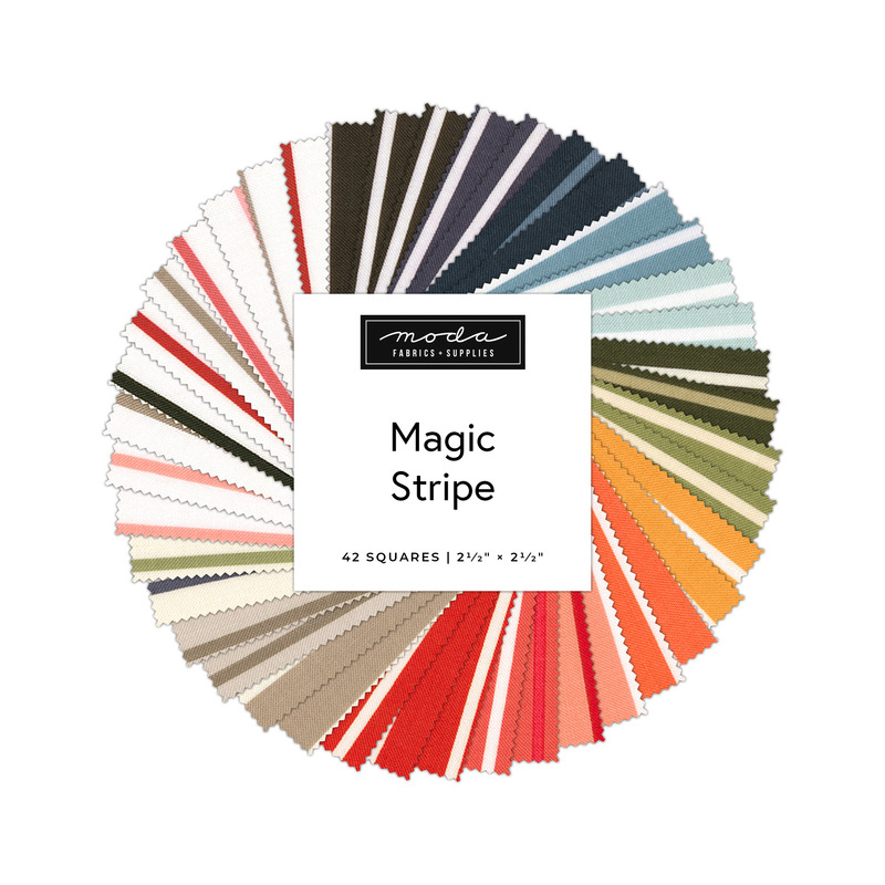 Digital collage of the Mini Charm Pack Bundle from the Magic Stripe fabric collection.