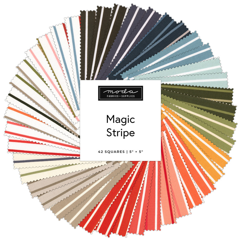 Digital collage of the Charm Pack Bundle from the Magic Stripe fabric collection.