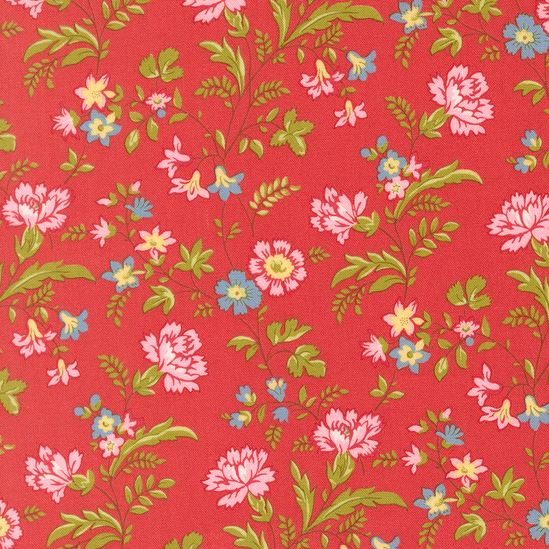 A rouge red fabric with pink and blue florals. 