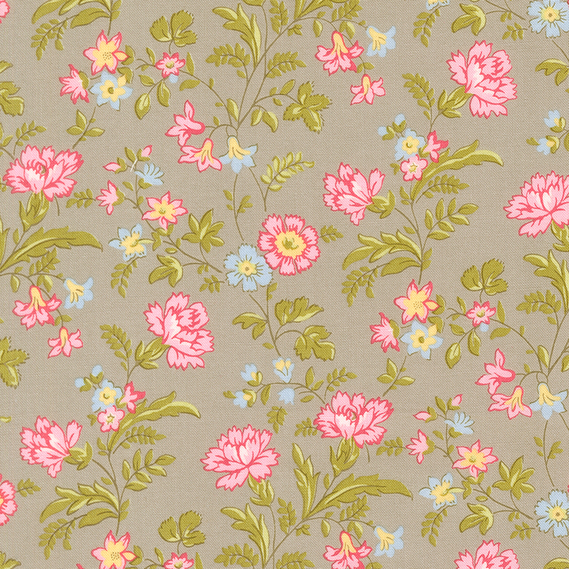 A latte fabric with pink and blue florals.